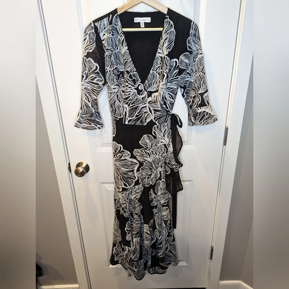 Dress the Population Ophelia Black White Floral Ruffle Midi Wrap Dress Small - Picture 2 of 7